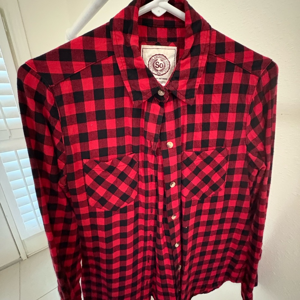 Red and Black Plaid Button-Up Shirt